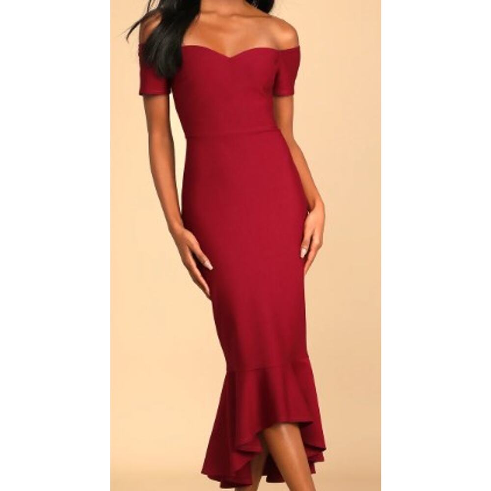 LULU'S SZ S red How Much I Care Wine Red Off-the-Shoulder Midi Dress NEW B50
